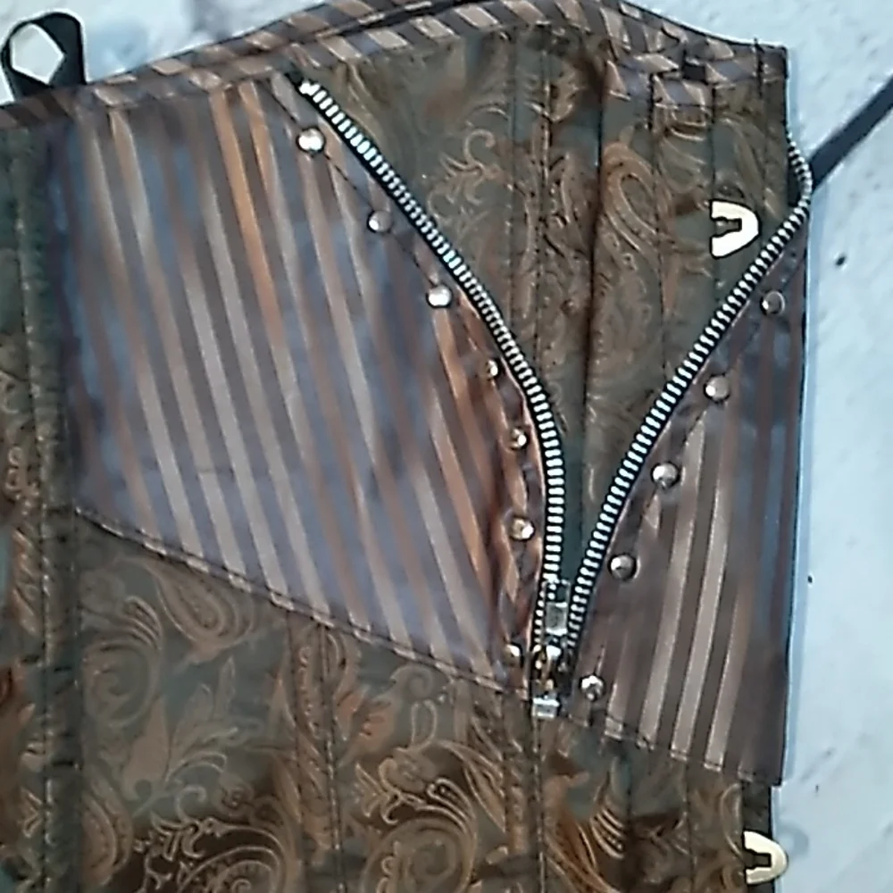 Steampunk Retro Brocade Victorian striped Corset Golden Brown - Picture 14 of 16